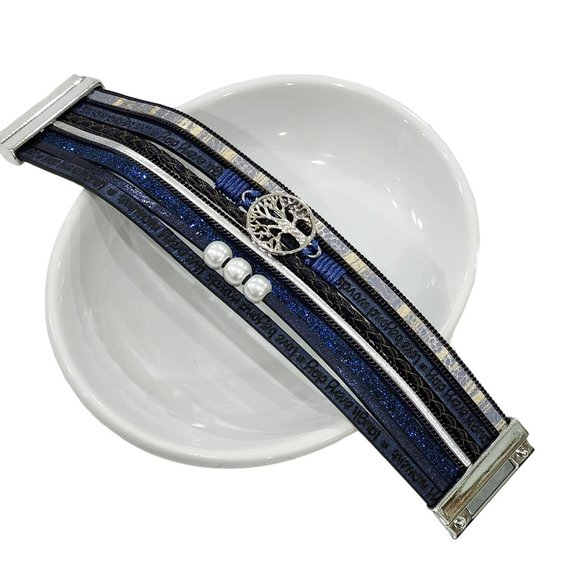 Multilayer Leather Bangle Magnetic Clasp Bracelet for Men or Women 7.5in Blue - Picture 2 of 10